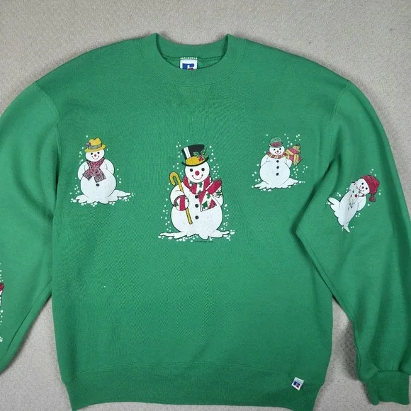 VTG 90s Russell Athletic Sweatshirt Large Women Green Snowman Christmas Holidays - Picture 3 of 12